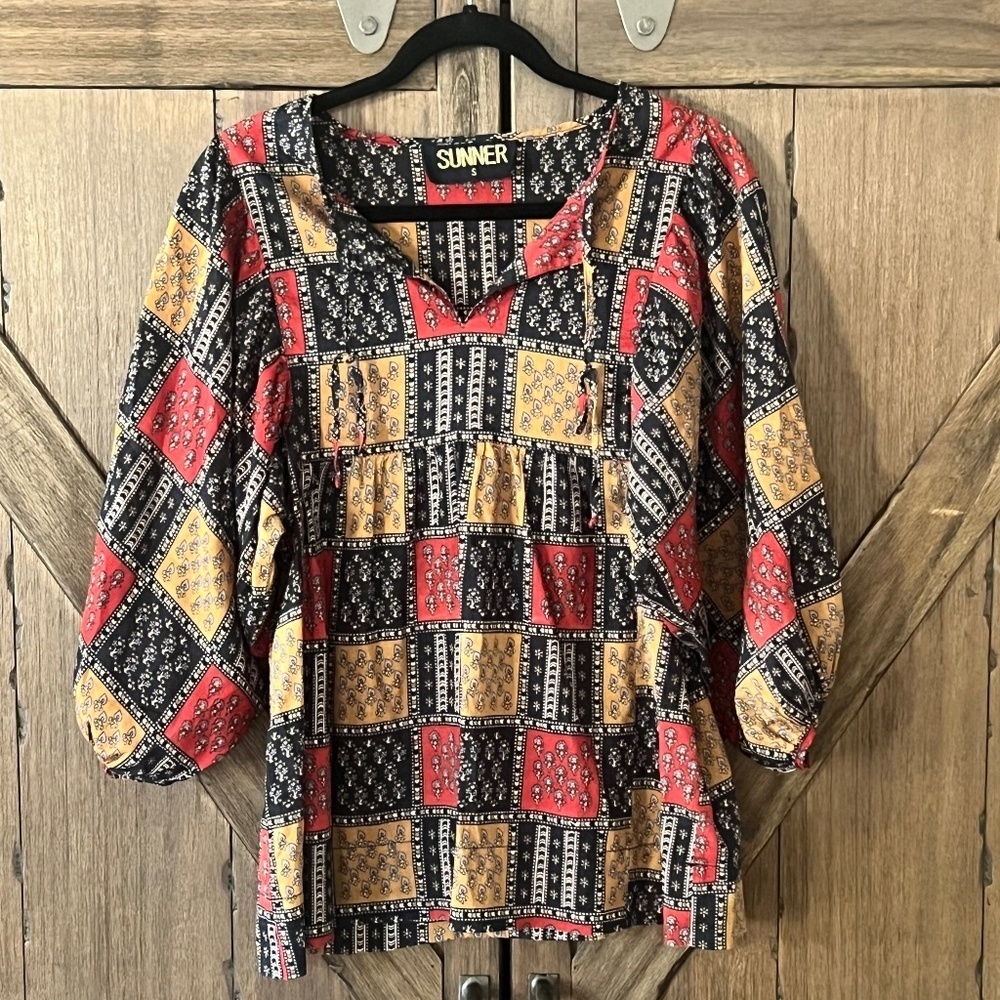 SUNNER Boho Patchwork Cotton Top Gold/Red/Black 3/4 Length Sleeve Size Small